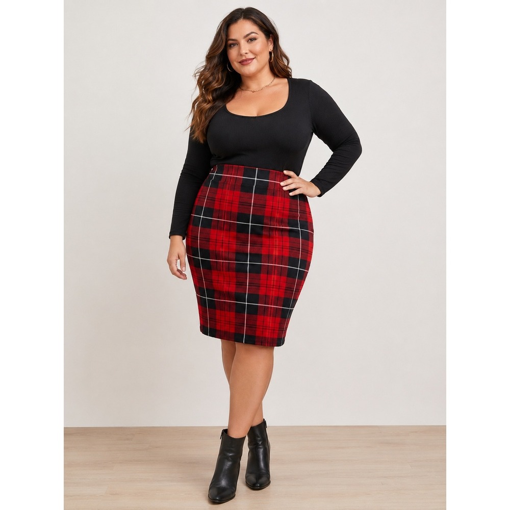 Torrid Red Black Plaid‎ Pencil Skirt Plus Size 1 Stretch Tartan Back Vent